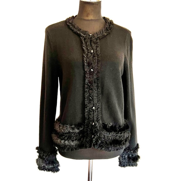 Chico's Sweaters - NWT CHICO'S Fancy Black Faux Fur Trim Sweater Cardigan Sz2